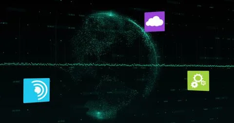 Image of icons and data processing over globe on black background Foto stock