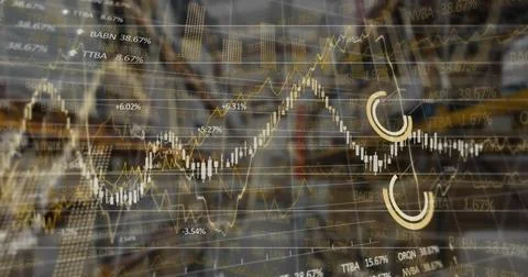 Image of icons and data processing over warehouse Stock Photos