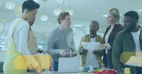 Image of icons and data processing over business people in office Foto stock