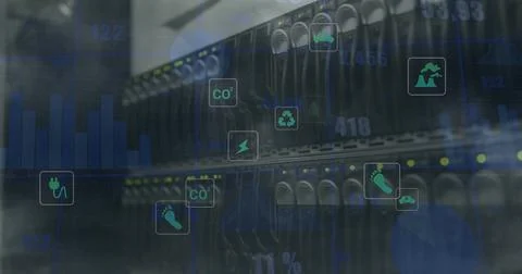 Image of icons and data processing over server room Stock Photos