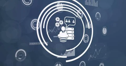 Image of icons and data processing on black background 스톡 사진