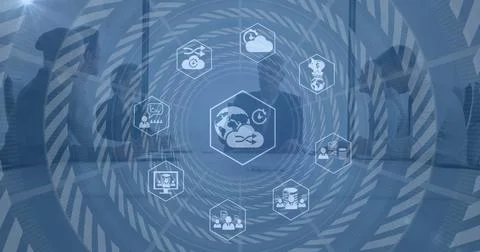 Image of icons and data processing over diverse business people in office 스톡 사진