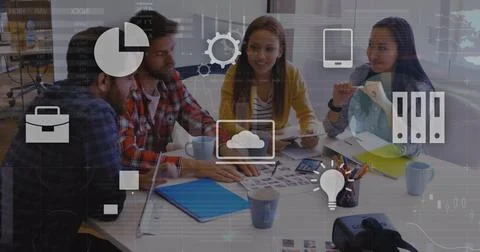 Image of icons and data processing over diverse business people in office 스톡 사진