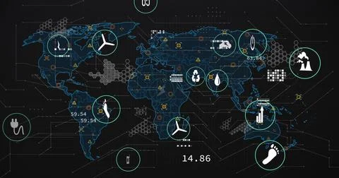 Image of icons and data processing over world map 写真素材