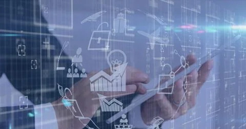 Image of icons and data processing over businessman using tablet Stock Photos