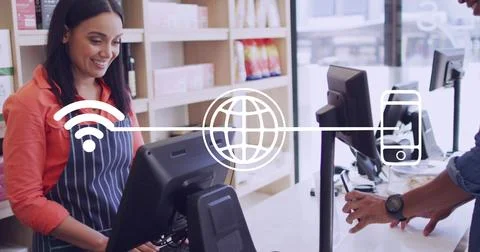 Image of icons and data processing over man paying with credit card in shop 스톡 사진