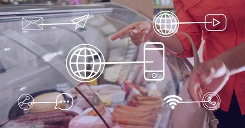 Image of icons and data processing over woman shopping 스톡 사진