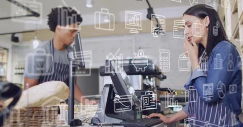 Image of icons and data processing over woman serving in shop 스톡 사진