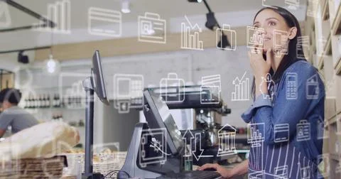 Image of icons and data processing over woman serving in shop 스톡 사진