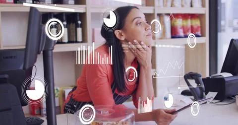 Image of icons and data processing over woman with tablet in shop 스톡 사진