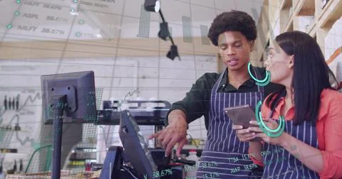 Image of icons and data processing over diverse people with tablet in shop 스톡 사진