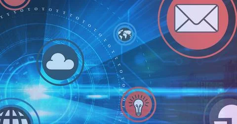 Image of icons and data processing over cityscape Fotos de archivo