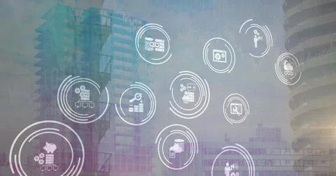 Image of icons and data processing over cityscape Fotos de archivo