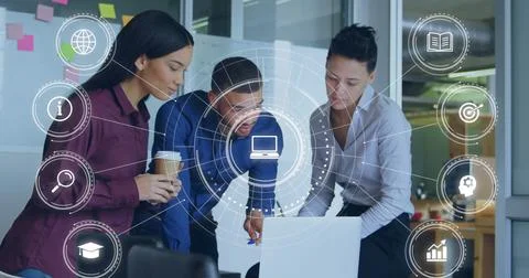 Image of icons and data processing over diverse business people in office Stock Photos