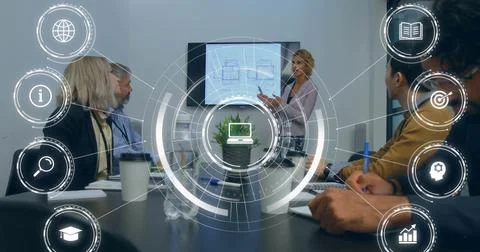 Image of icons and data processing over diverse business people in office Stock Photos