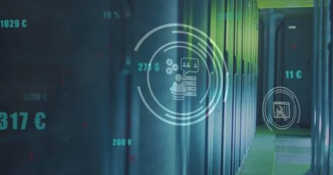 Image of icons and data processing over computer screens Stock Photos