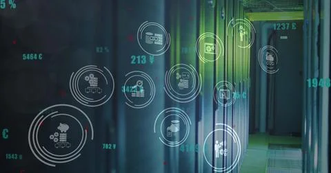 Image of icons and data processing over computer screens Stock Photos