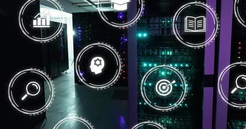 Image of icons and data processing over computer servers Stock Photos