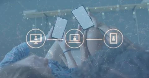 Image of icons and data processing over diverse women using smartphones Stock Photos