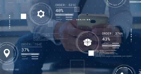 Image of icons and data processing over caucasian man using smartphone 스톡 사진