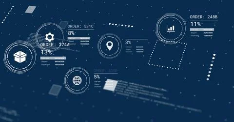 Image of icons and data processing over blue background 스톡 사진