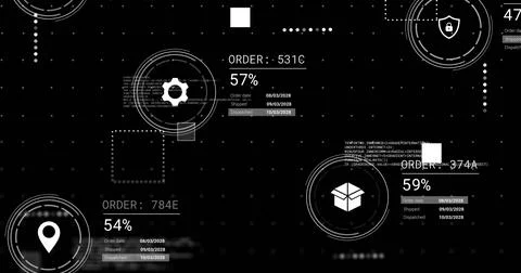 Image of icons and data processing over black background 库存照片