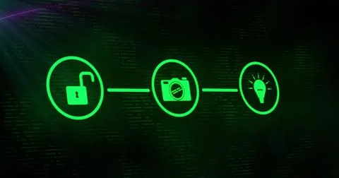Image of icons and data processing over dark background Foto stock