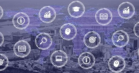 Image of icons and data processing over cityscape Stock Photos