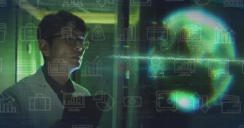Image of icons and data processing with asian it technician by computer servers Foto stock