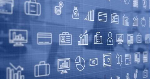Image of icons and data processing over work station in office Stockfoto's