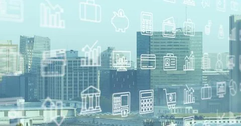 Image of icons and data processing over cityscape 스톡 사진