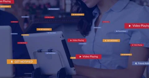 Image of icons and data processing over caucasian businessman using tablet Foto stock