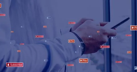 Image of icons and data processing over caucasian businessman using tablet Stock Photos