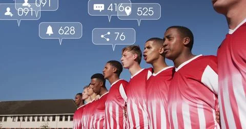 Image of icons and data processing over diverse rugby players Foto stock