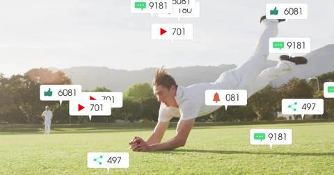 Image of icons and data processing over caucasian male cricket player 스톡 사진
