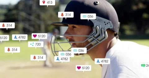 Image of icons and data processing over diverse male cricket players Stockfoto's