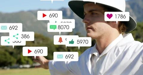 Image of icons and data processing over caucasian male cricket umpire 스톡 사진