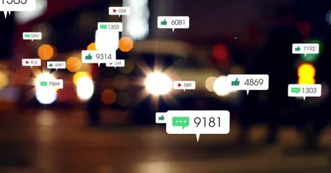 Image of icons and data processing over out of focus city Foto stock