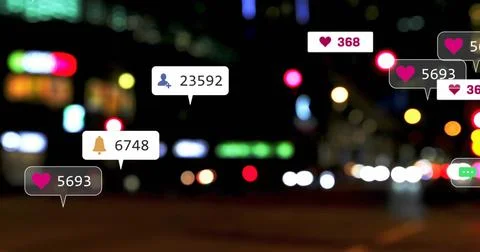 Image of icons and data processing over out of focus city 스톡 사진