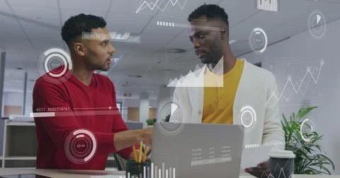 Image of icons and data processing over diverse business people in office 스톡 사진