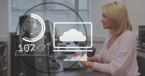 Image of icons and data processing over caucasian woman using computer keyboard Stock Photos