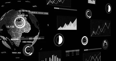 Image of icons and data processing over globe on black background 스톡 사진
