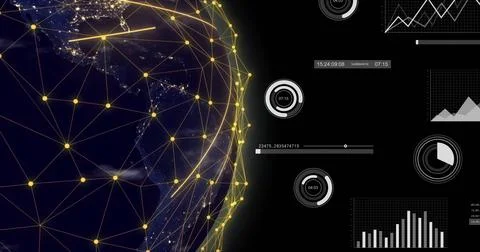 Image of icons and data processing over globe on black background 스톡 사진