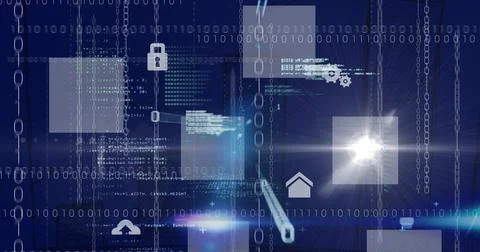 Image of icons and data processing on interface screens Stock Photos