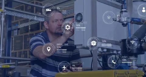 Image of icons and data processing over caucasian man working in factory Foto stock