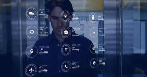 Image of icons and data processing over caucasian man working in warehouse Foto stock