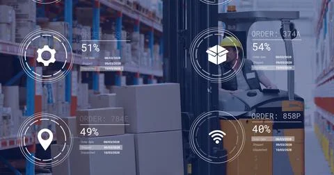 Image of icons and data processing over caucasian man working in warehouse Foto stock