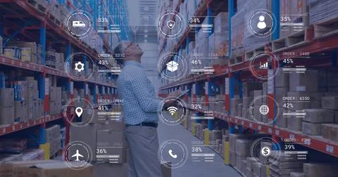 Image of icons and data processing over caucasian man working in warehouse Foto stock