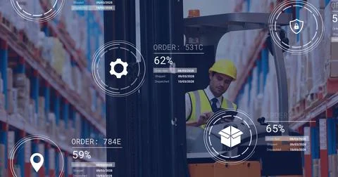 Image of icons and data processing over caucasian man working in warehouse Stock Photos