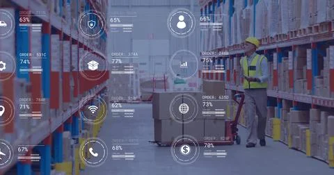 Image of icons and data processing over caucasian man working in warehouse Stock Photos